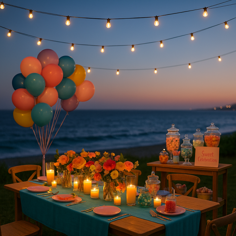 ChatGPT said: Whimsical outdoor party setup by the ocean at sunset, featuring colorful balloons, glowing candles, vibrant flowers, and a candy bar labeled “Sweet Celebration” under string lights.