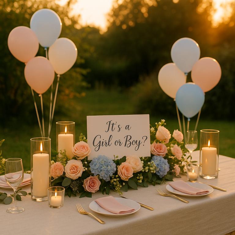 Outdoor gender reveal table at sunset featuring pink and blue balloons, glowing candles, pastel florals, and a central “It’s a Girl or Boy?” sign—set for a charming garden celebration.