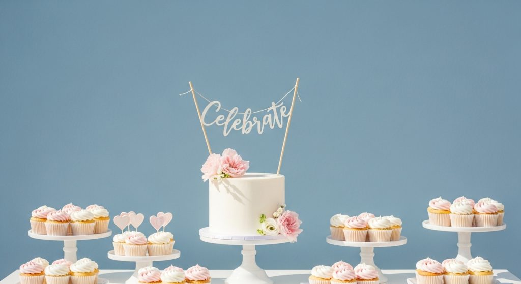 Minimal celebration cake table with elegant white cake and cupcakes.