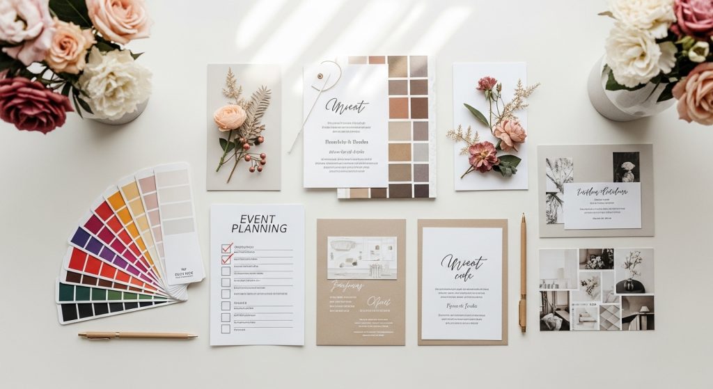 Home 3 Event planning flat lay with color swatches, checklists, and decoration samples for celebration design.