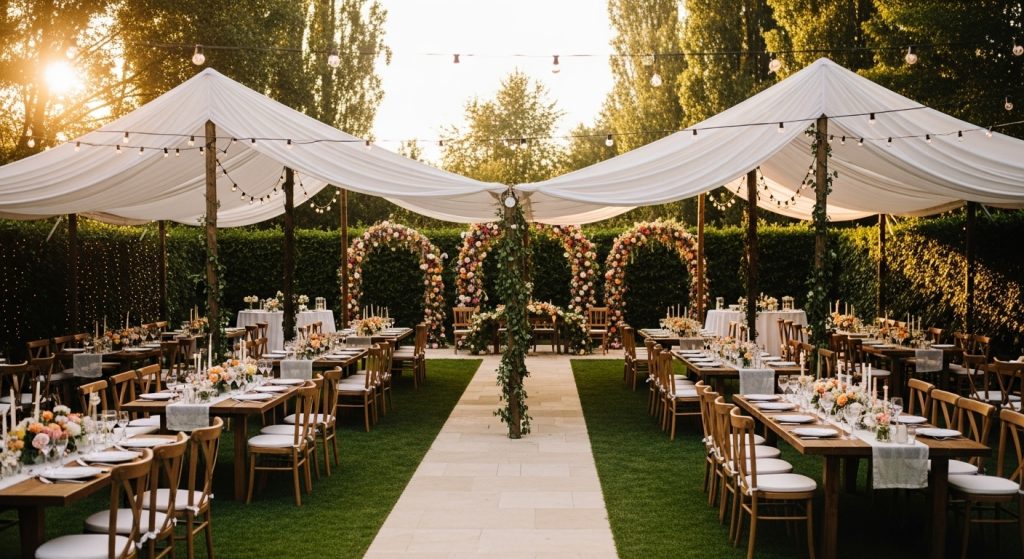 Garden celebration setup with floral arches and string lights.