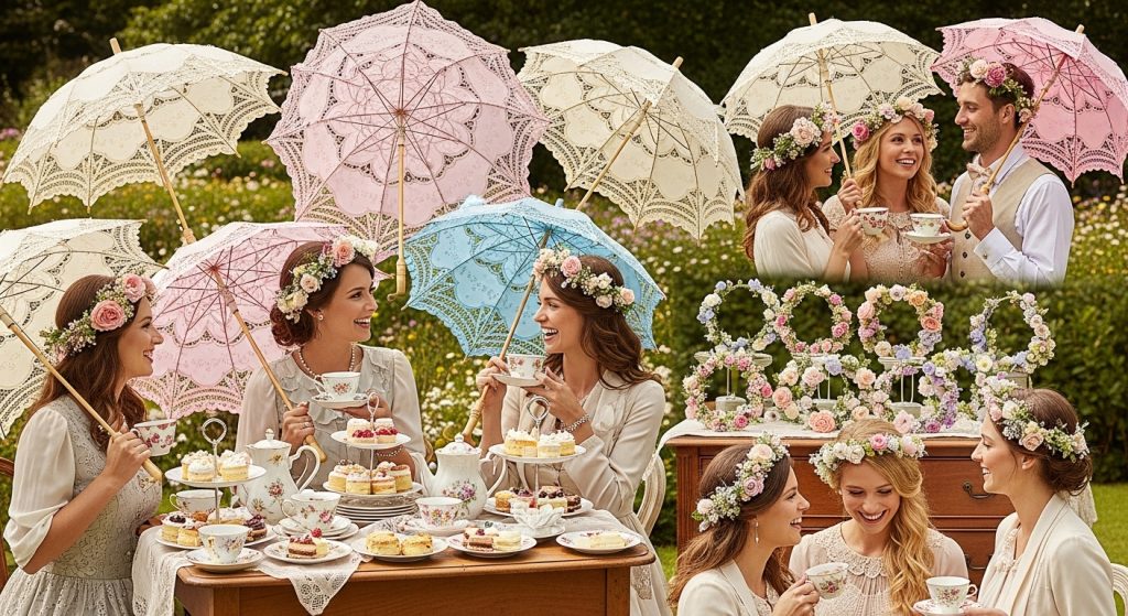 From Surprise to Celebration: Gender Reveal Decor That Steals Hearts 6 “Elegant tea party photo corner with parasols, vintage teacups, flower crowns, and guests smiling and laughing in a charming setup.”