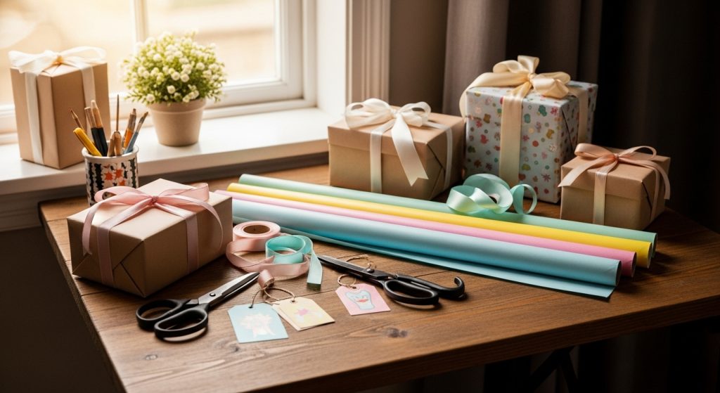 Gift wrapping station with ribbons, papers, and celebration boxes.