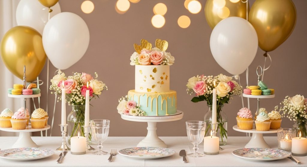 Home 1 Elegant celebration cake surrounded by festive desserts and floral decorations on a stylish event table.
