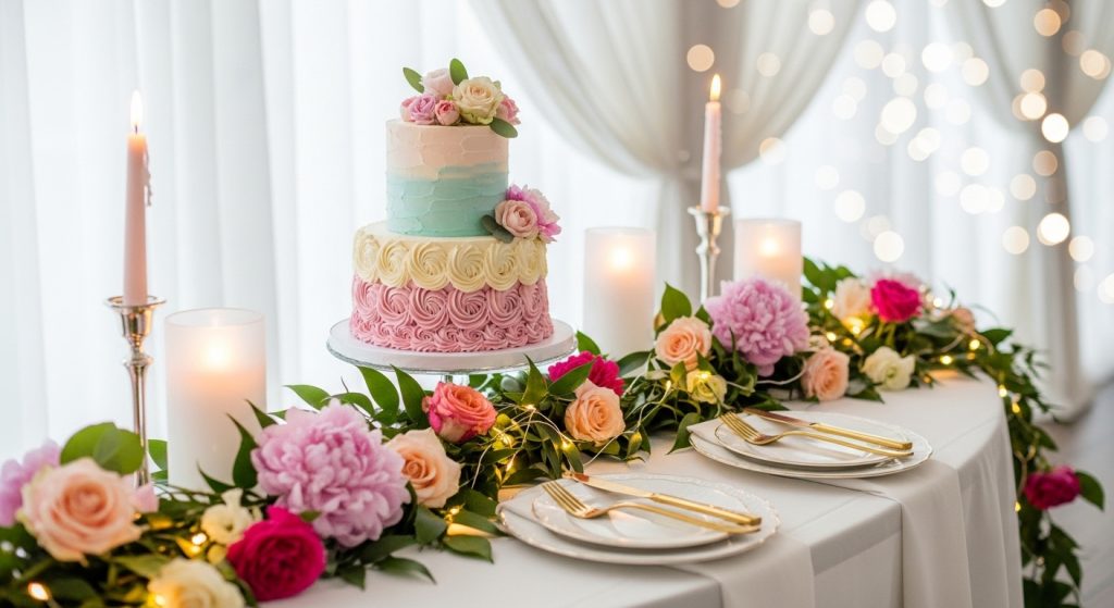 Two-tier cake table with flowers, candles, and white drapes.