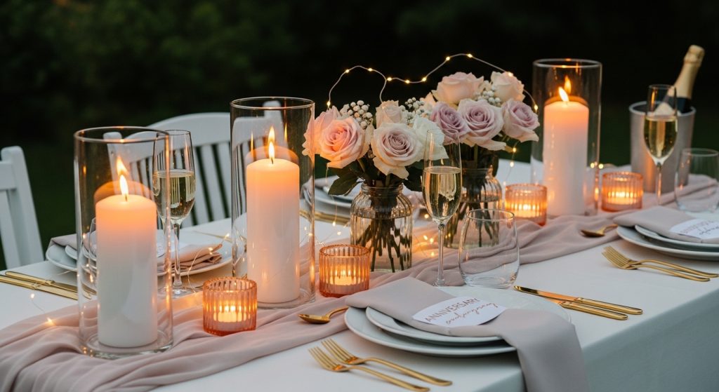 Outdoor anniversary dinner table with candles, roses, champagne, and fairy lights in a romantic setup.