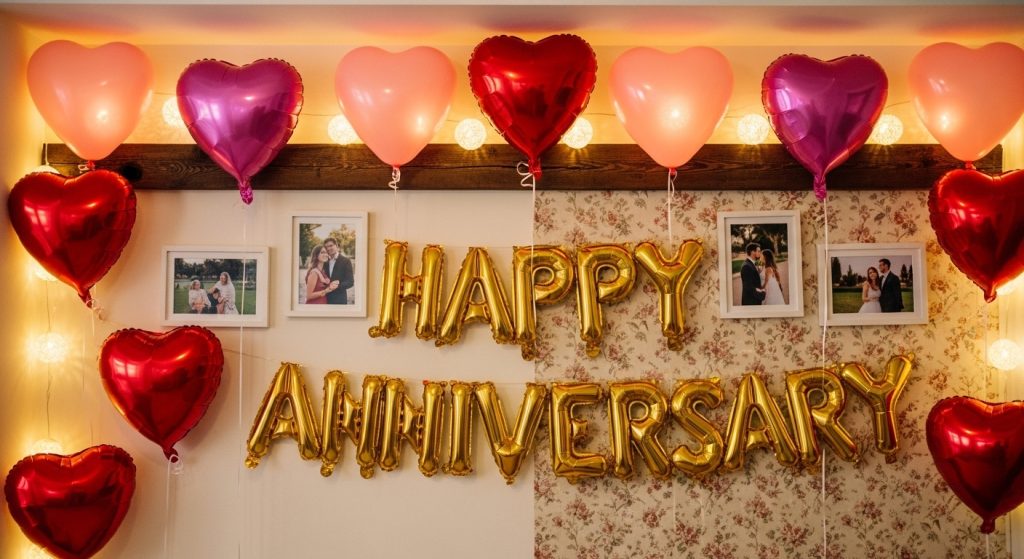Anniversary party indoor backdrop with lights, balloons, and framed memories.