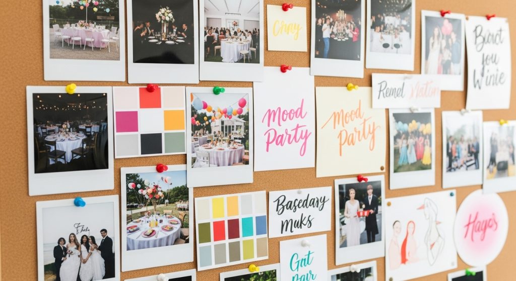Celebration theme mood board with color swatches and ideas.