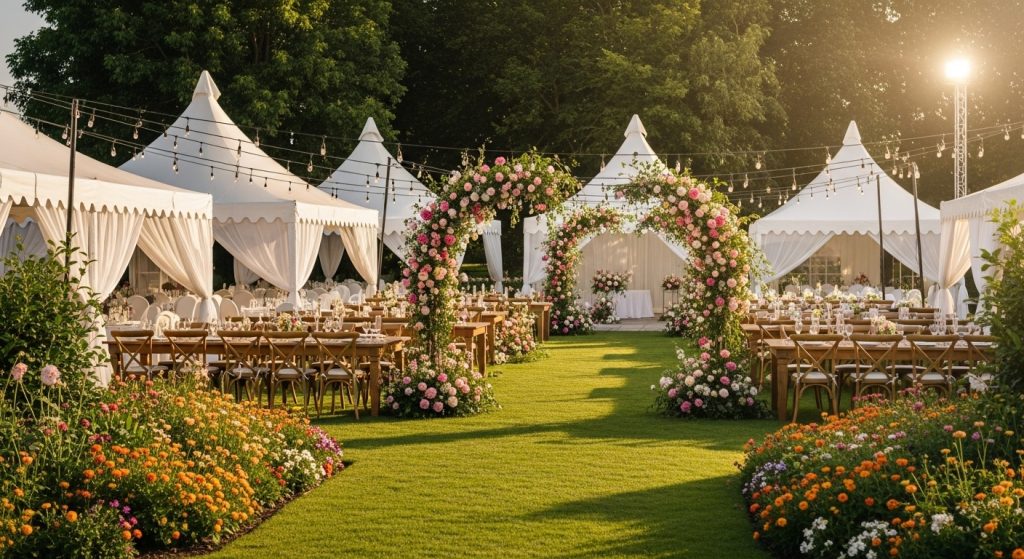 Garden celebration setup with floral arches and string lights.