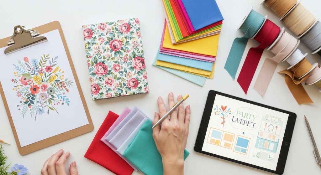Event planning tools flatlay with clipboard, ribbons, and color swatches.