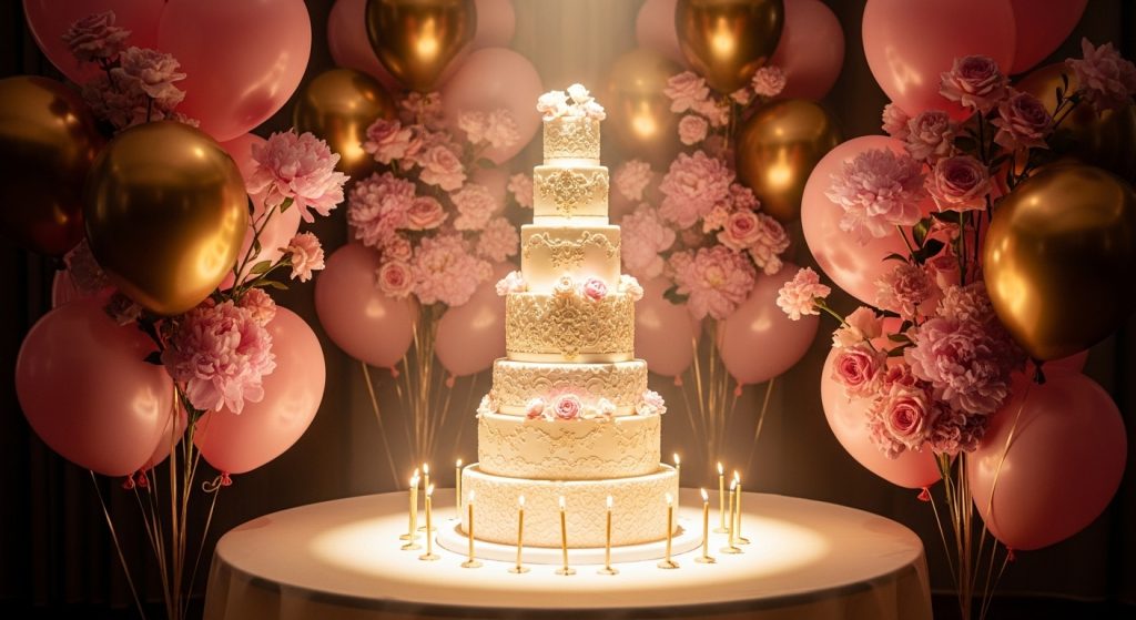 Grand birthday cake with decorations and pink-gold theme.