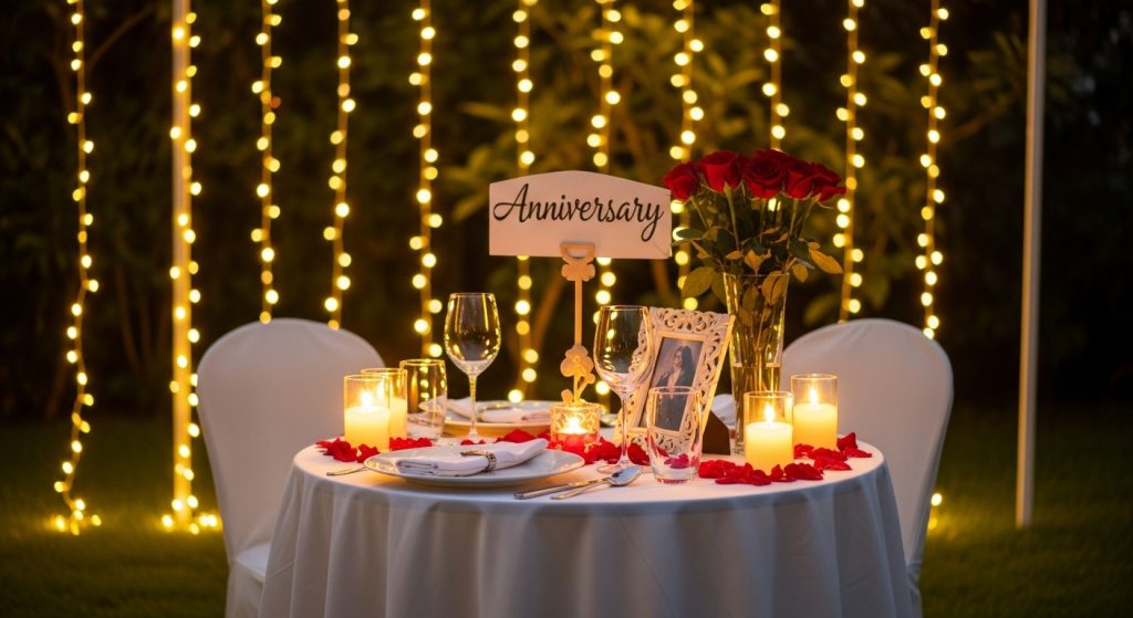 Home 2 Romantic anniversary dinner table setup with red roses, candles, and elegant decorations.