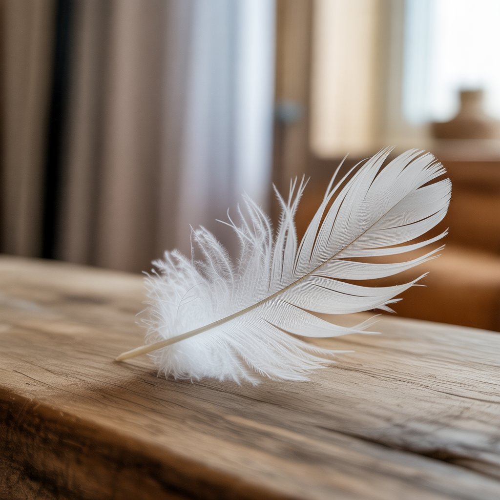 "Close-up of a white feather resting on a wooden surface with warm lighting, symbolizing love, memory, and emotional warmth in home decor."