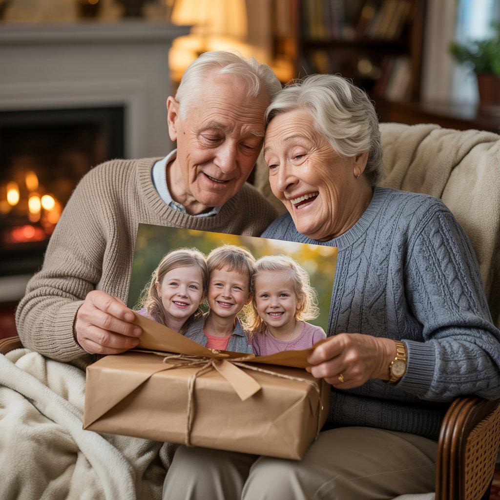 Heartwarming Family Canvas Art for Your Home 7 A wrapped gift box being opened by grandparents revealing a canvas of their grandchildren, with happy tears and cozy surroundings.