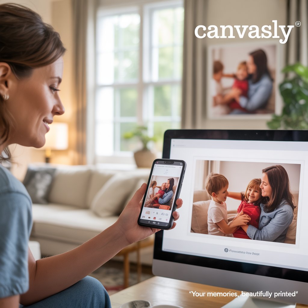 Heartwarming Family Canvas Art for Your Home 4 A hand holding a smartphone showing a family photo being uploaded to an online canvas design tool on a bright computer screen.