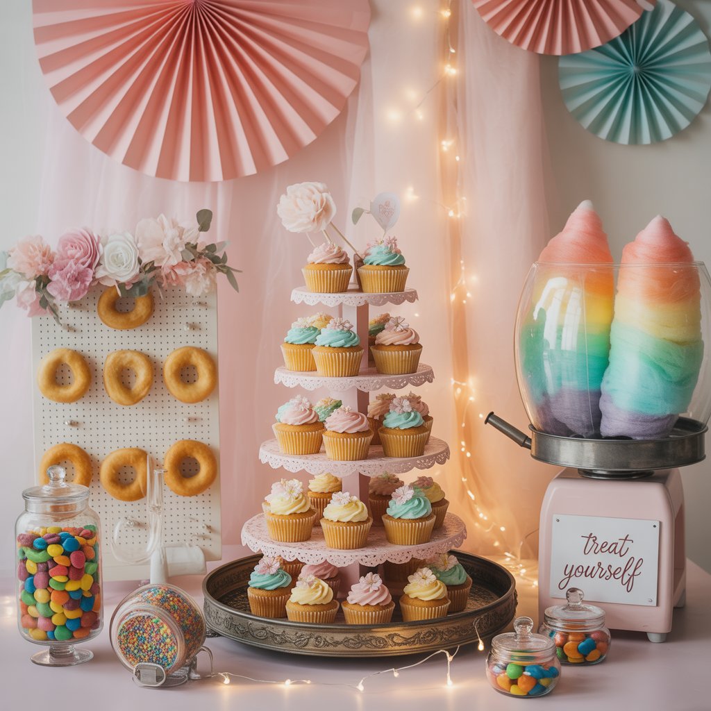 Whimsical Party Decor That Lights Up Every Celebration 8 Whimsical candy and dessert bar with pastel treats, cupcake towers, fairy lights, cotton candy machine, and a “Treat Yourself” sign in front of a soft tulle backdrop.