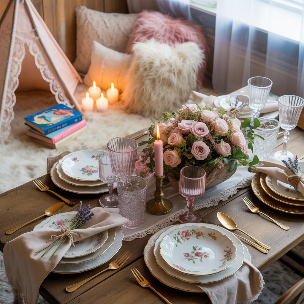 Whimsical Party Decor That Lights Up Every Celebration 9 Charming themed tablescape with floral china, rustic decor, lavender-tied napkins, and a cozy corner with cushions, lace teepee, and candlelit fairy tale books.