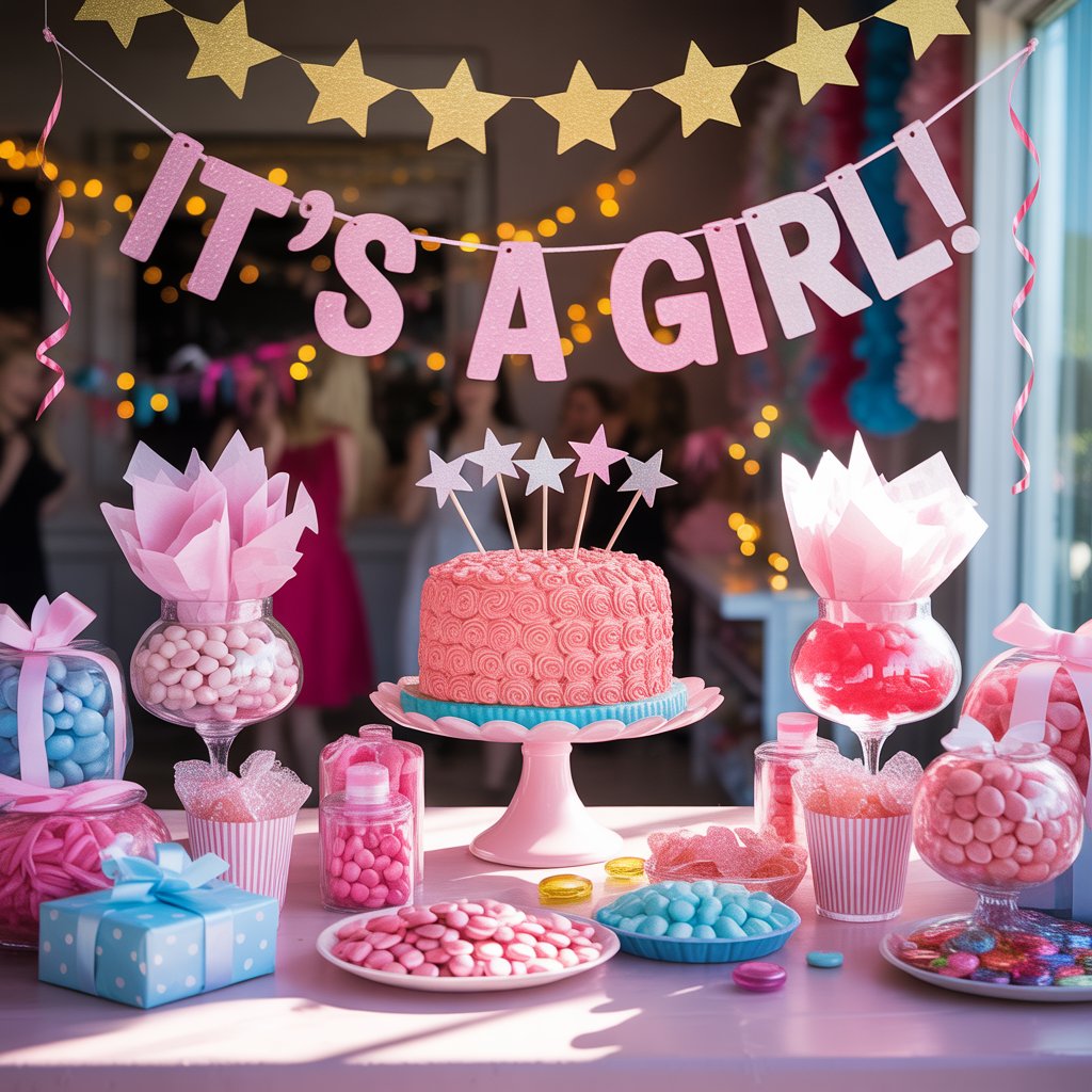 Whimsical candy station with gender reveal and birthday treats.