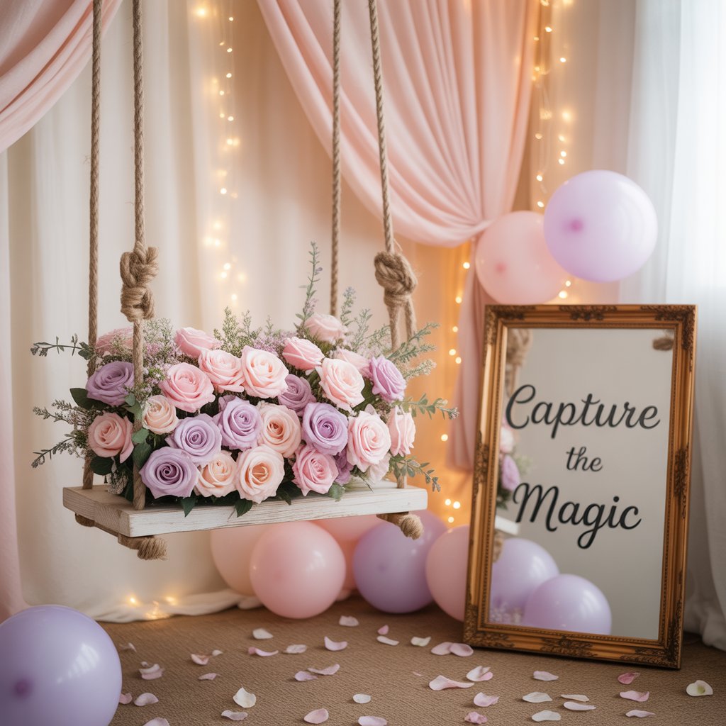 Whimsical Party Decor That Lights Up Every Celebration 11 Whimsical photo booth with floral swing, pastel balloon backdrop, vintage props, and fairy lights, creating a magical scene for guest photos.