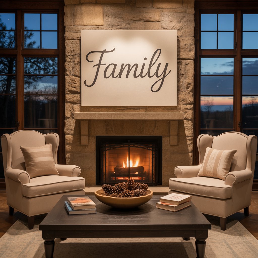 Heartwarming Family Canvas Art for Your Home 10 A peaceful evening scene in a family room, with warm lighting and a single large family canvas glowing softly above the fireplace.