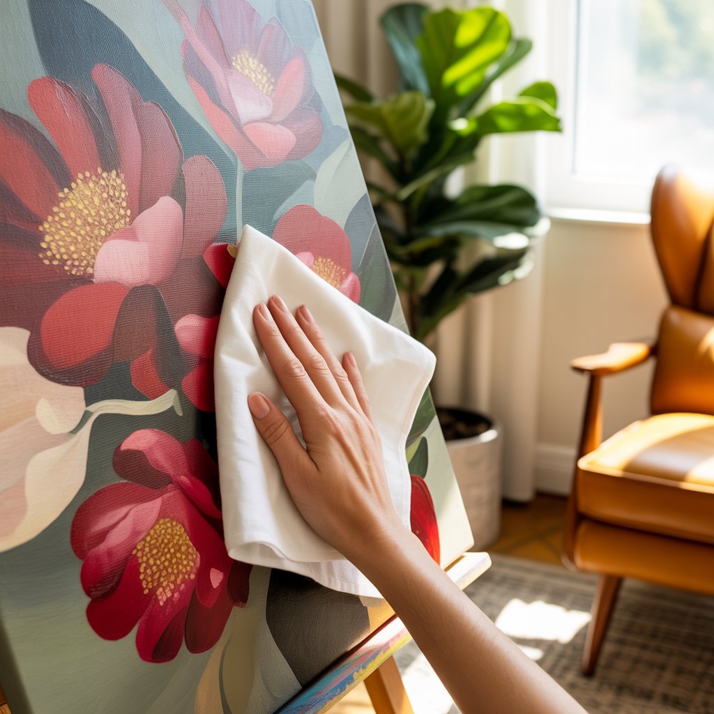 Heartwarming Family Canvas Art for Your Home 8 A hand gently cleaning a canvas art piece with a soft cloth in a naturally lit room, with plants and neutral furniture in the background.