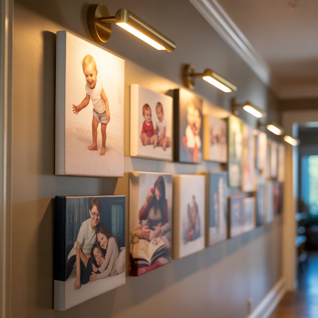 Heartwarming Family Canvas Art for Your Home 3 Gallery-style hallway featuring a collection of family canvas wall art in different sizes, illuminated by warm wall sconces.”
