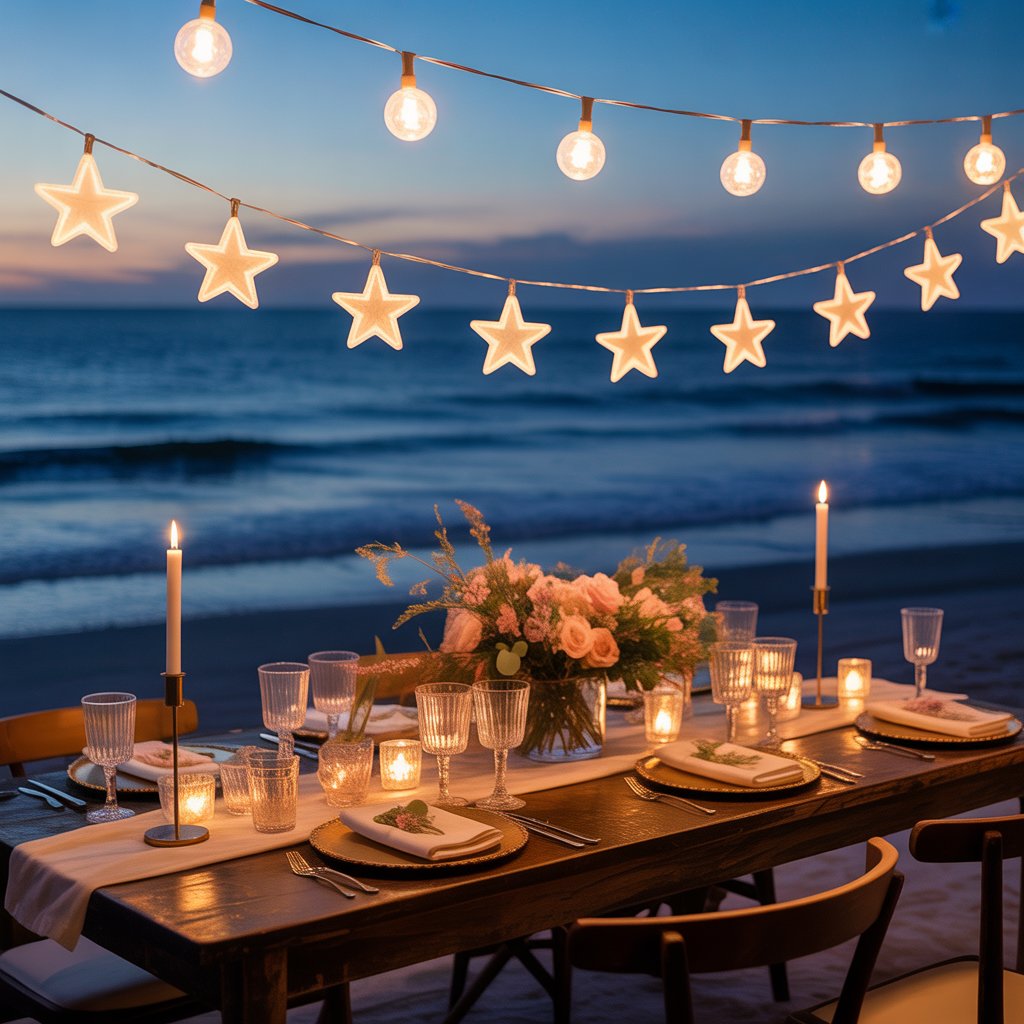 Magical string lights hanging above an oceanfront party table.
