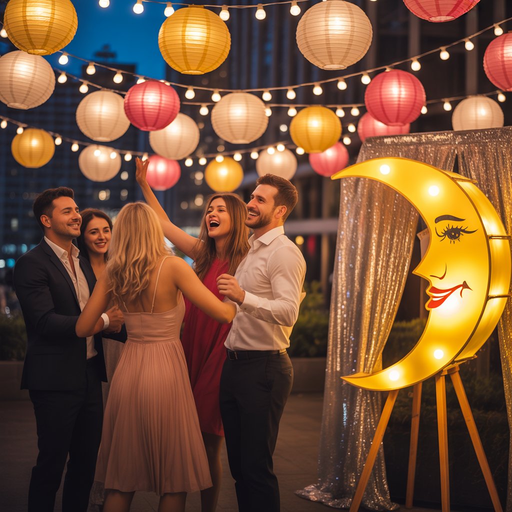 Whimsical Party Decor That Lights Up Every Celebration 5 Evening party scene with hanging lanterns, moon-shaped photo booth, sparkly drapes, and guests dancing beneath fairy lights.