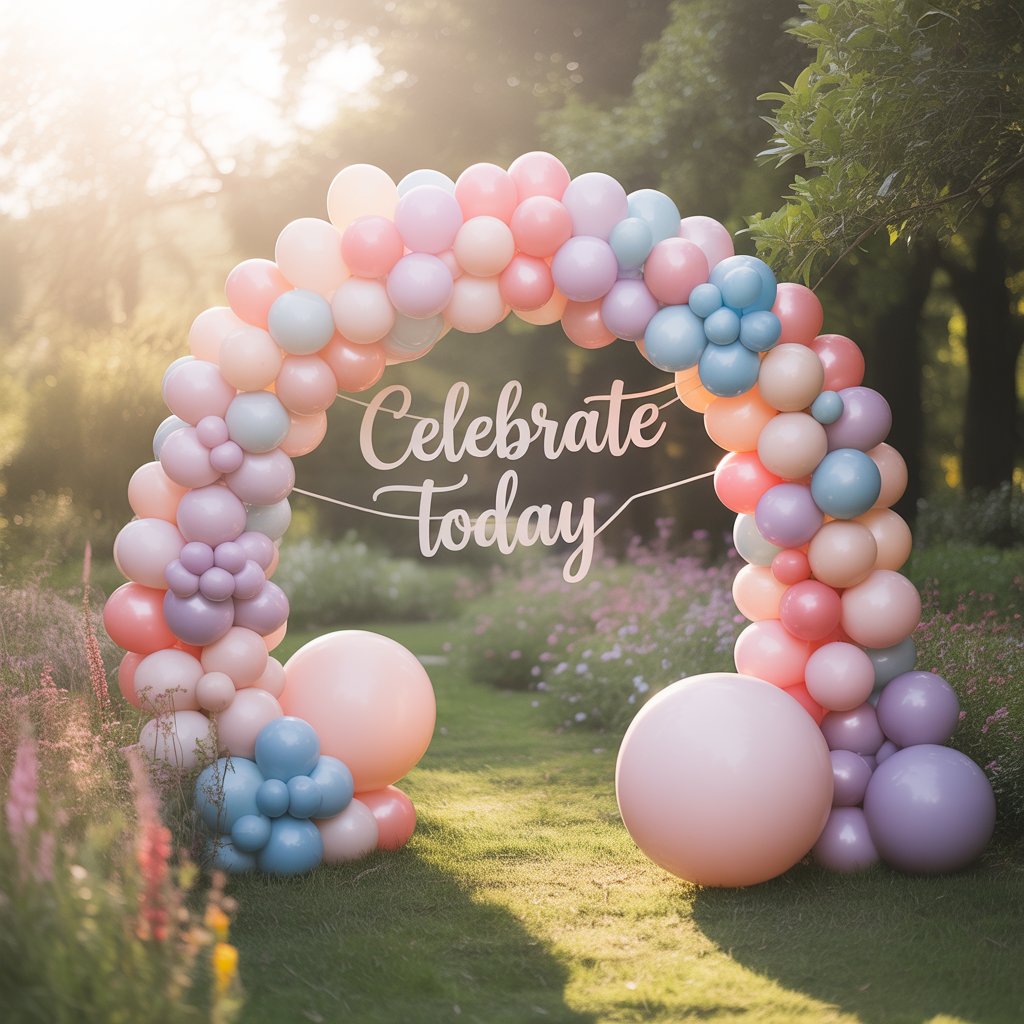 Whimsical outdoor balloon arch with pink, blue, and pastel tones.