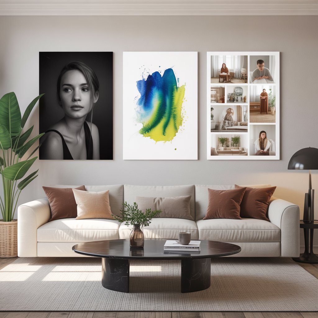 Heartwarming Family Canvas Art for Your Home 5 A stylish modern living room with three canvas styles: a black-and-white portrait, a watercolor art piece, and a photo collage on neutral-colored walls.