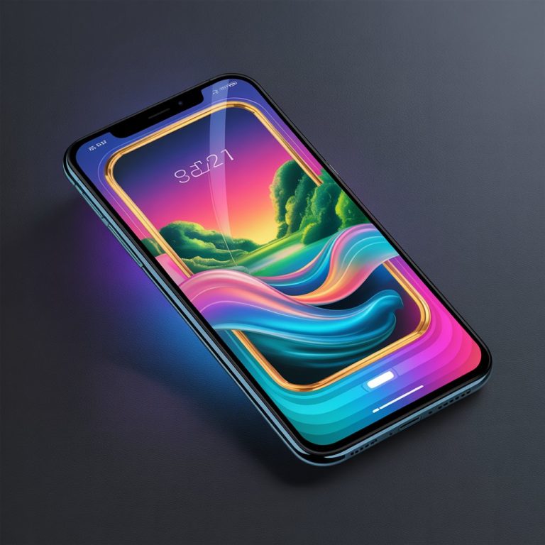 A sleek smartphone displaying a vibrant, multi-layered home screen wallpaper with animated waves, lush green nature elements, bold neon pink and blue accents, a retro-style frame, and a subtle 3D texture, set against a clean dark background, showcasing aesthetic phone wallpaper trends for 2025.