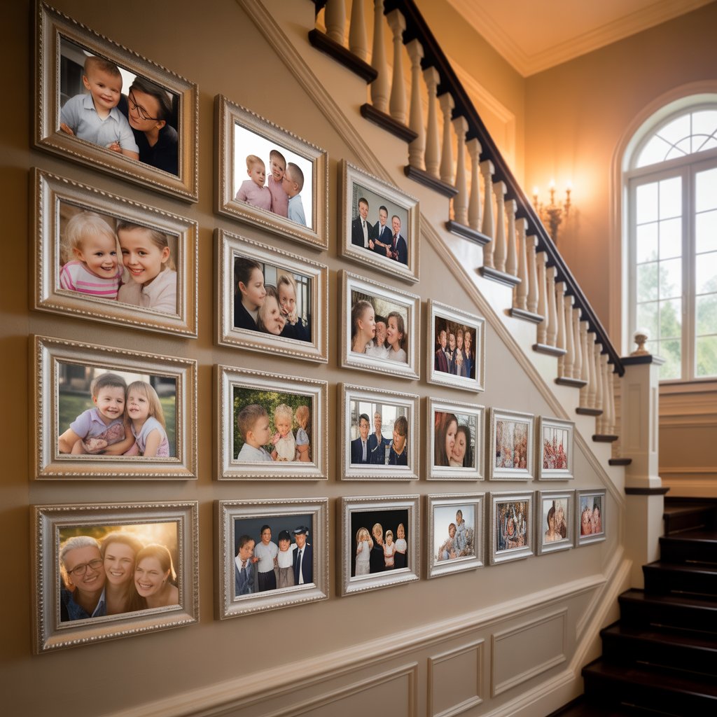 Heartwarming Family Canvas Art for Your Home 6 A staircase wall filled with family canvases arranged symmetrically, each showing different life moments, bathed in warm natural light.