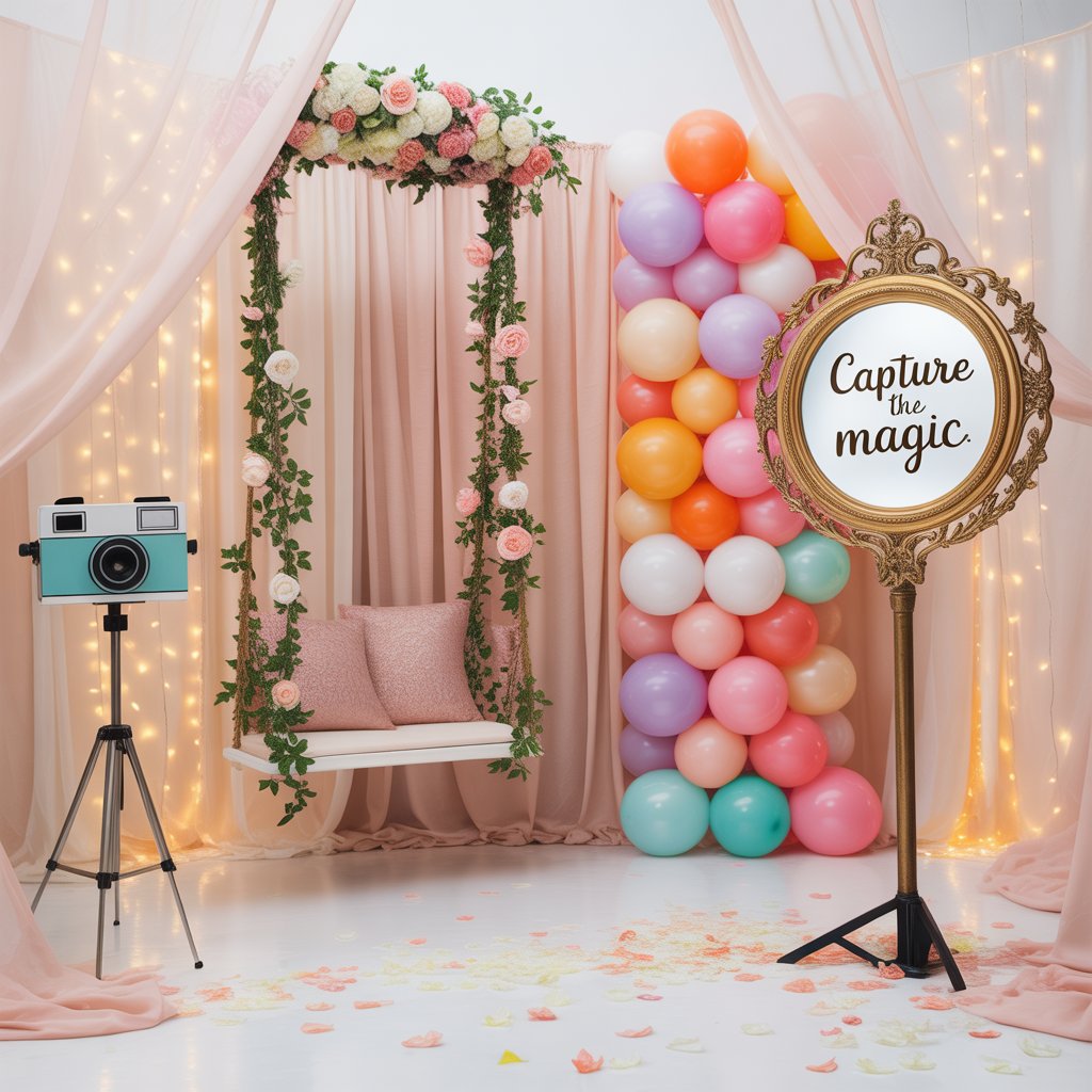 Whimsical Party Decor That Lights Up Every Celebration 10 Whimsical photo booth with floral swing, pastel balloon backdrop, vintage props, and fairy lights, creating a magical scene for guest photos.