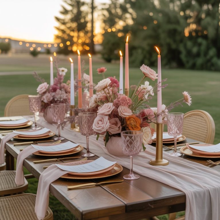 Golden hour garden party table with layered textures, floral accents, and soft glowing lights—capturing a vibrant tablescape in full celebration mode