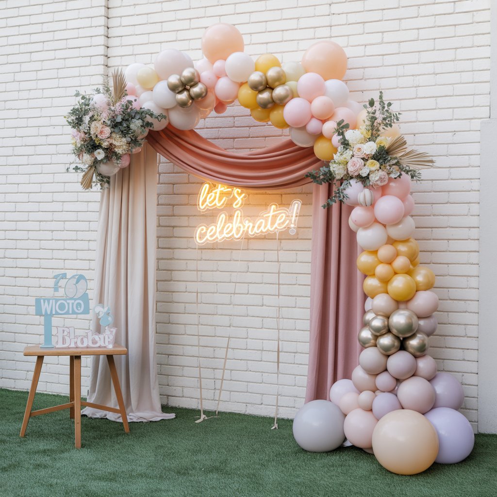 Whimsical Party Decor That Lights Up Every Celebration 6 Layered pastel and metallic balloon arch with fabric drapes, fresh flowers, neon “Let’s Celebrate!” sign, and whimsical photo booth props on faux grass.