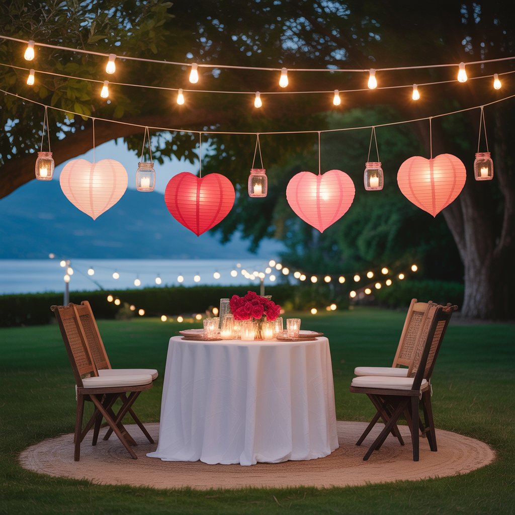 Whimsical Party Decor That Lights Up Every Celebration 7 Romantic outdoor party lighting with string lights, heart-shaped lanterns, hanging mason jar candles, and a softly lit sweetheart table.