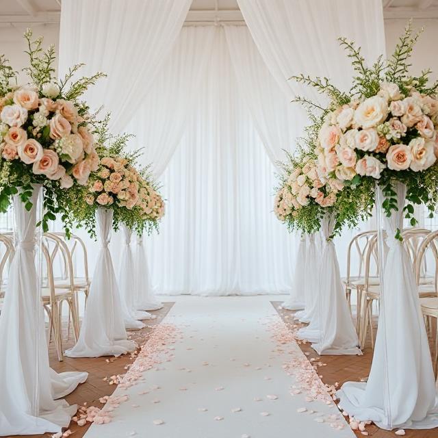 Secret Garden Wedding: Enchanting Pastel Floral Decor & Dreamy Wedding Chandeliers 3 Romantic wedding aisle with blush floral arrangements, soft white drapes, and scattered petals.