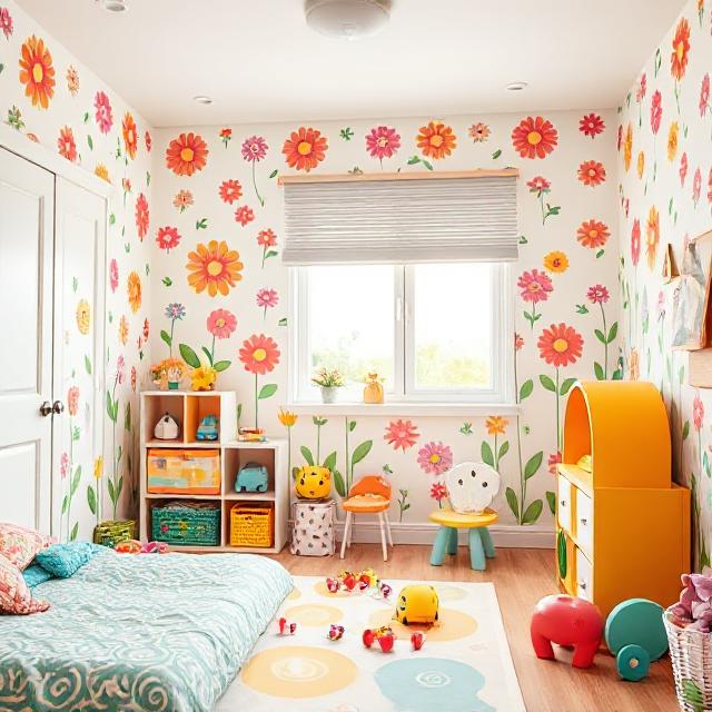 Bloom Your Space with Stunning Flower Wallpapers 8 Bright kid's room with playful flower wallpapers and toys.