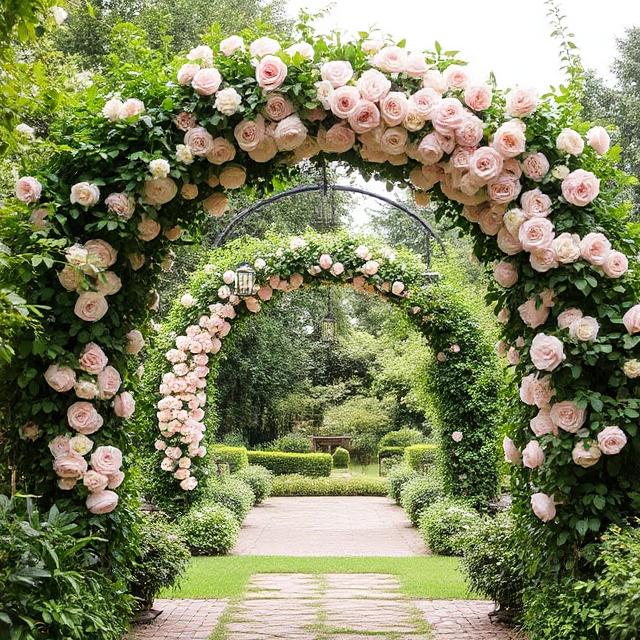 Secret Garden Wedding: Enchanting Pastel Floral Decor & Dreamy Wedding Chandeliers 2 A garden wedding entrance with pastel rose archways, lush greenery, and hanging lanterns.