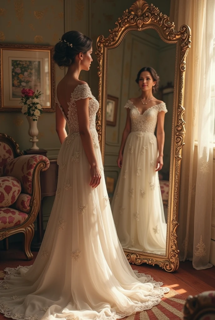 Wedding Dresses That Define Elegance: A Bride’s Style Story 2 “Bride admiring herself in a vintage mirror wearing a flowing ivory wedding dress with lace detailing”