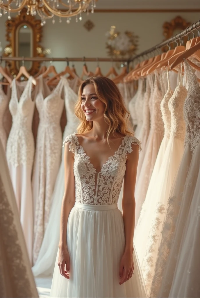 Wedding Dresses That Define Elegance: A Bride’s Style Story 3 “A bride smiling during her first fitting in a bridal boutique, surrounded by various wedding dresses”
