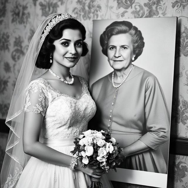 Wedding Dresses That Define Elegance: A Bride’s Style Story 5 Bride in a vintage wedding dress from the 1950s posing with black-and-white photo of her grandmother”