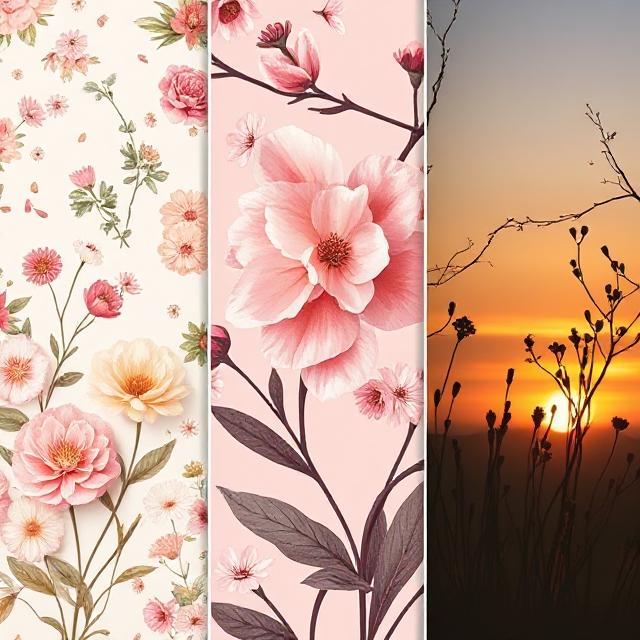 Trio of flower wallpapers showing boho, cherry blossom, and golden-hour inspired wall designs.