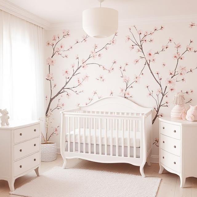 Bloom Your Space with Stunning Flower Wallpapers 4 Nursery with pink cherry blossom flower wallpapers and white furnishings.