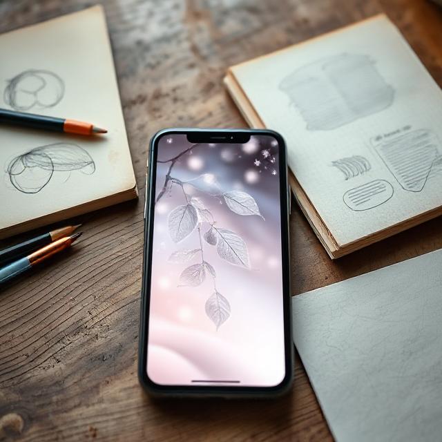 Aesthetic Wallpaper iPhone: Discover 2025 Trends to Refresh Your Screen 5 Generate a stunning image of an iPhone screen with faint leaf patterns in light aesthetic wallpaper, placed on a wooden table with sketchbooks, symbolizing harmony and open thoughts.