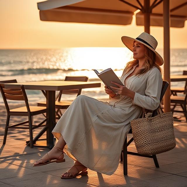 Effortless Outfit Inspiration for Every Season and Celebration 8 A woman sitting at a beach café during golden hour, wearing a long-sleeved, full-length linen dress in soft beige. The dress flows gently in the ocean breeze, with delicate button details and a high neckline. She wears a wide sunhat, strappy sandals, and holds a book in her hand. The ocean sparkles behind her, and a woven tote bag rests near her chair.