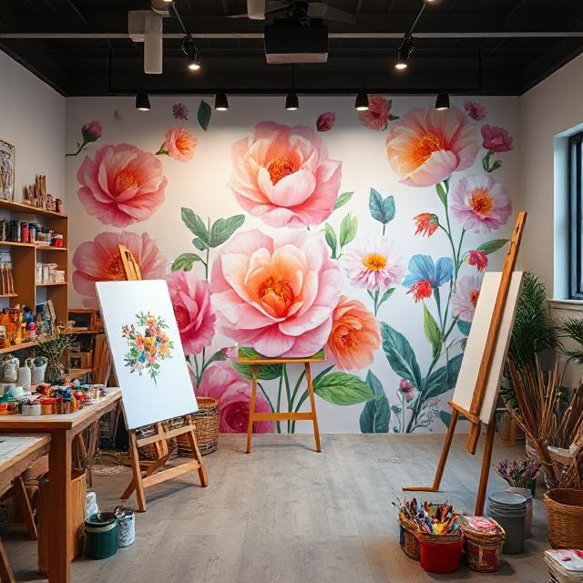 Bloom Your Space with Stunning Flower Wallpapers 6 An art studio with colorful paints, easels, and an oversized floral mural wallpaper on the feature wall.