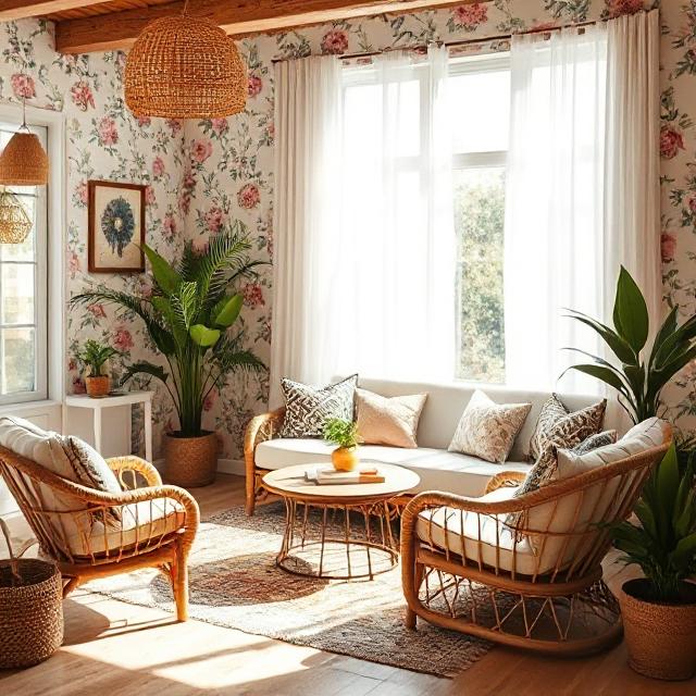 Bloom Your Space with Stunning Flower Wallpapers 3 Boho-style lounge with soft flower wallpapers and rattan accents.