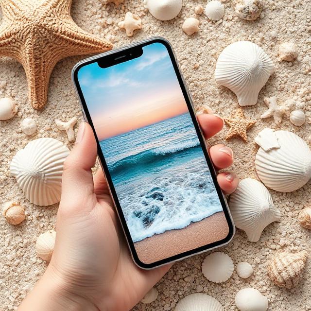 Aesthetic Wallpaper iPhone: Discover 2025 Trends to Refresh Your Screen 10 Craft a stunning selection image with sea-touched aesthetic wallpapers on iPhone mockups, a hand picking one, surrounded by beach elements like shells.
