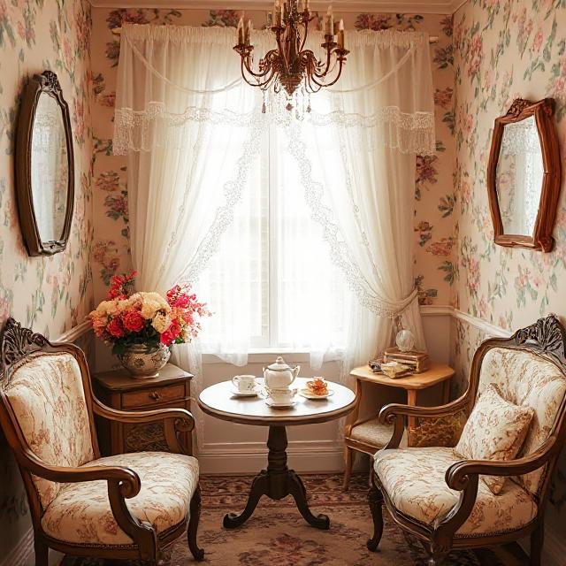 Bloom Your Space with Stunning Flower Wallpapers 7 A romantic tea nook with antique furniture, lace curtains, and vintage-style floral wallpaper with soft blooms.